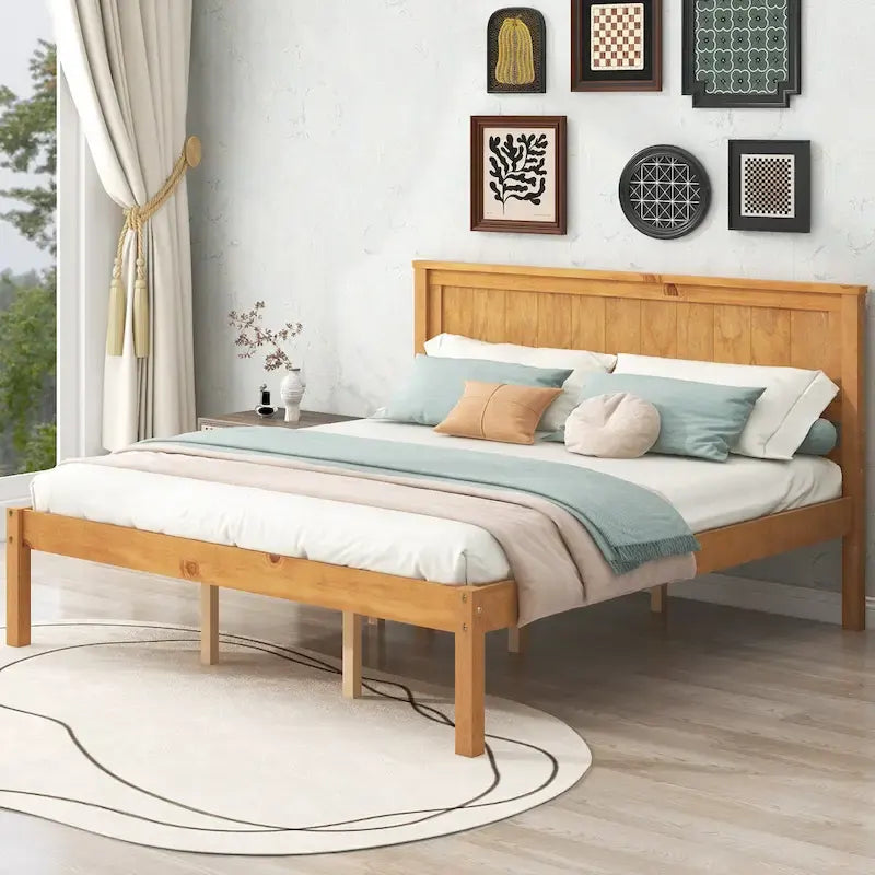 Espresso Queen Size Pine Wooden Platform Bed with Headboard and Wood Slat Support for Bedroom