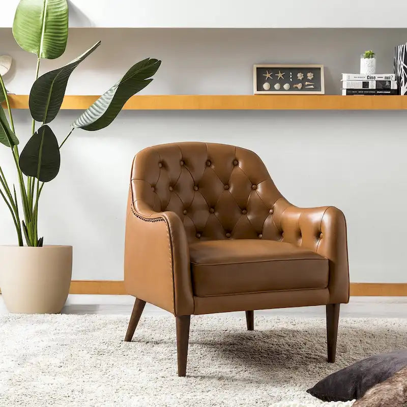 Melisa Classic Genuine Leather Wood Legs Barrel Chair With Tufted Back By HULALA HOME