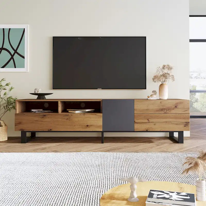 Wood Grey TV Stand with Drop Down Doors for TVs up to 80 Inch