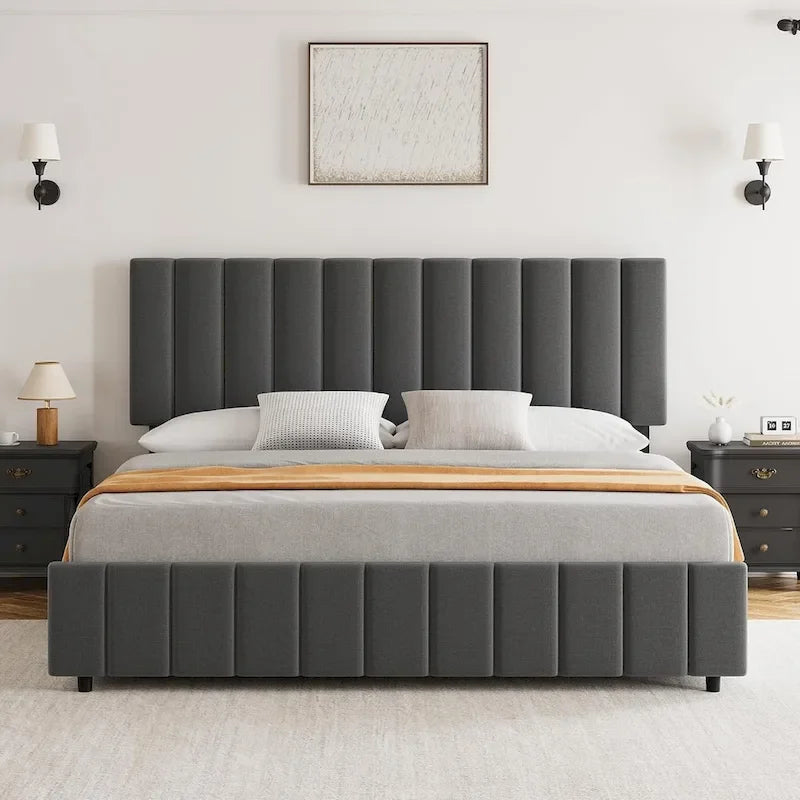 Grey Queen Linen Bed Frame with 4 Storage Drawers