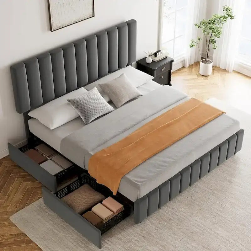 Grey Queen Linen Bed Frame with 4 Storage Drawers
