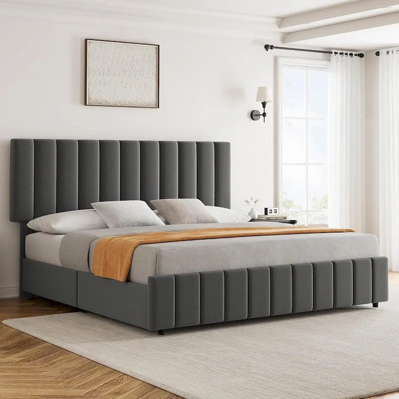 Grey Queen Linen Bed Frame with 4 Storage Drawers