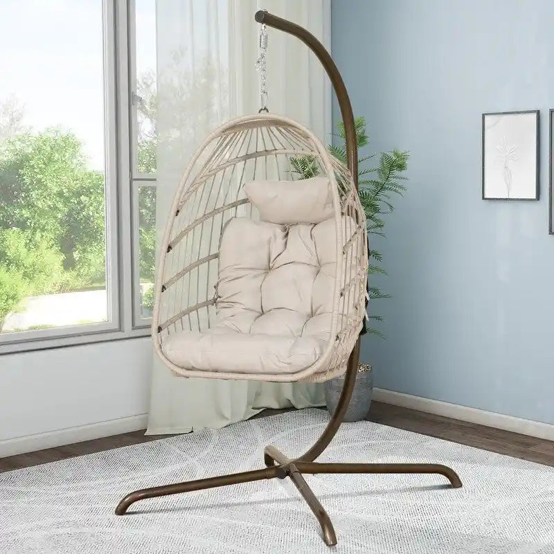 Indoor/Outdoor Wicker Egg Hanging Swing Chair with Stand, 350 lbs Capacity