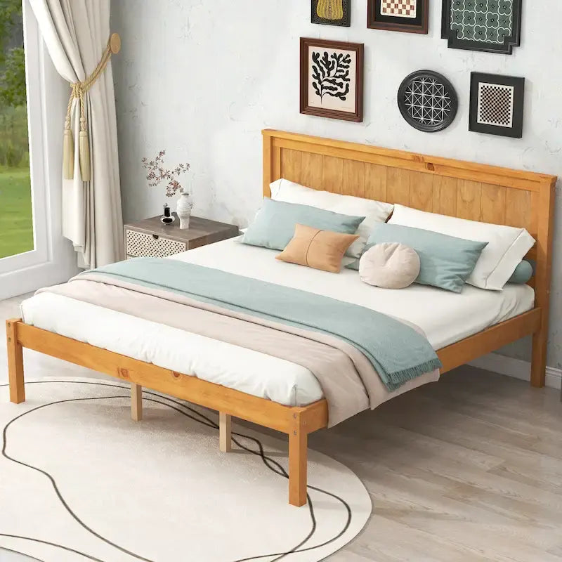 Espresso Queen Pine Platform Bed with Headboard