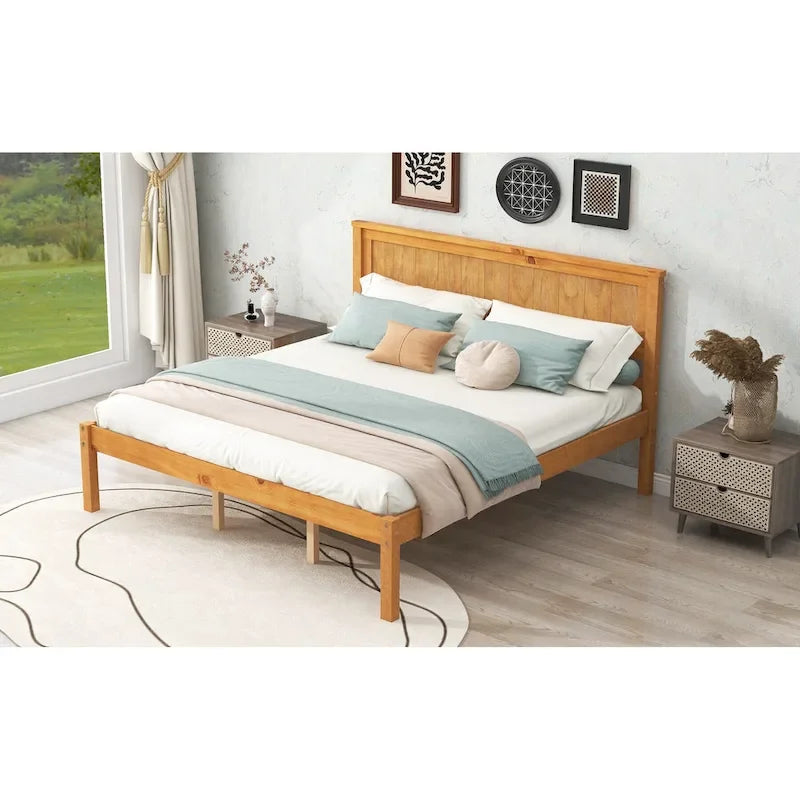 Espresso Queen Pine Platform Bed with Headboard