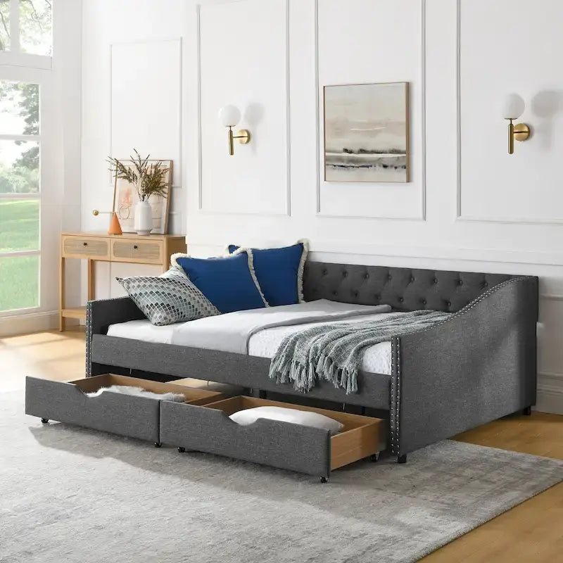 Gray Linen Daybed with 2 Drawers - Full Size