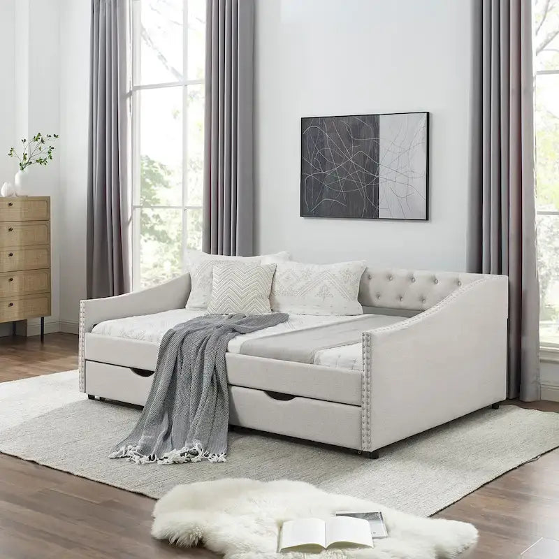 Gray Linen Daybed with 2 Drawers - Full Size