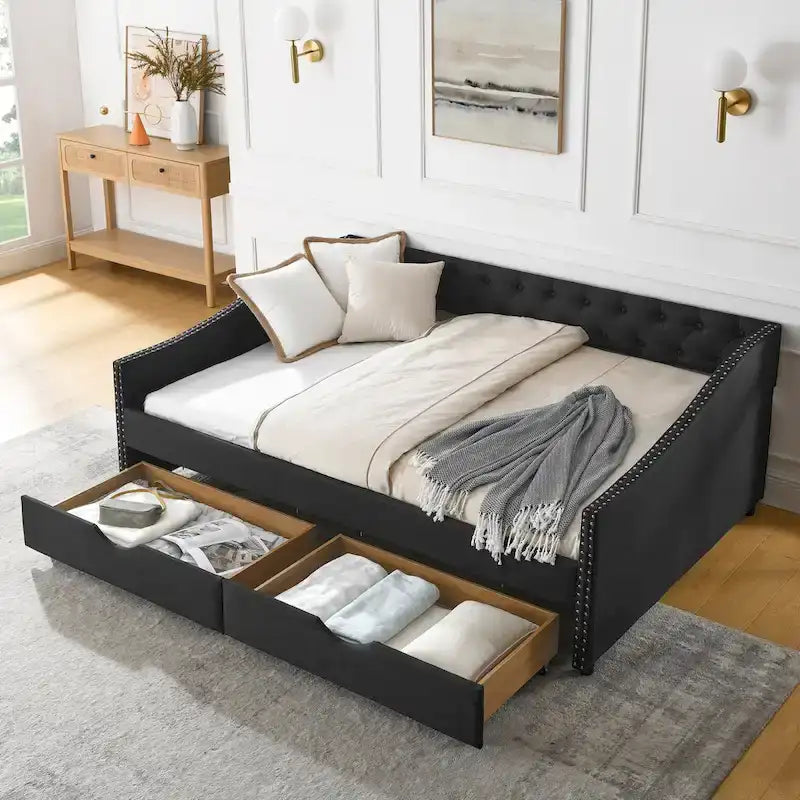 Gray Linen Daybed with 2 Drawers - Full Size