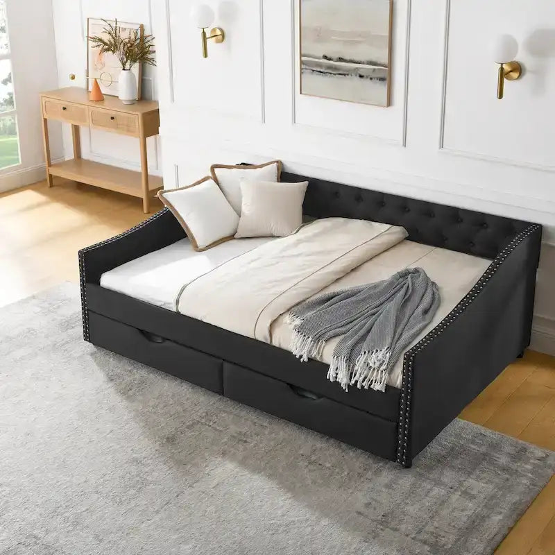 Gray Linen Daybed with 2 Drawers - Full Size
