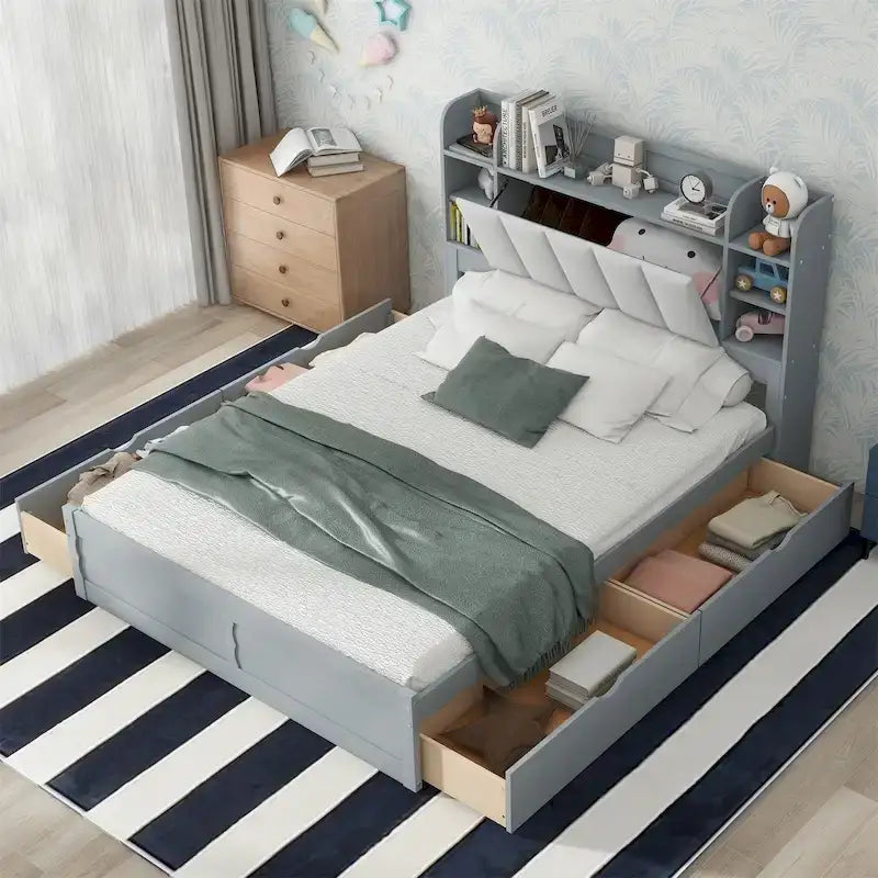 Queen Size Platform Bed with Storage Headboard