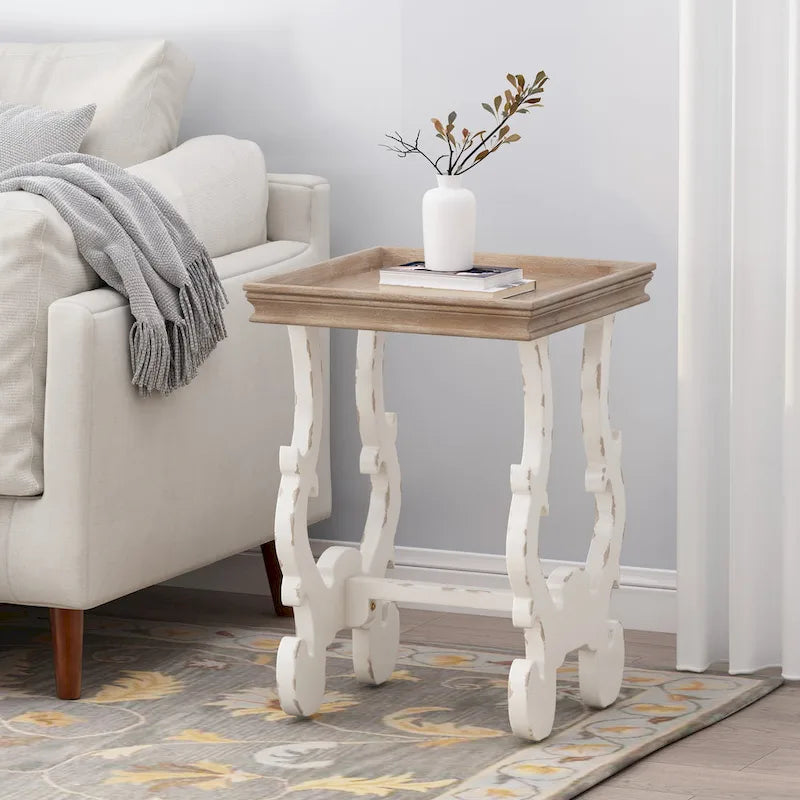 White & Natural Wood French Country Accent Table