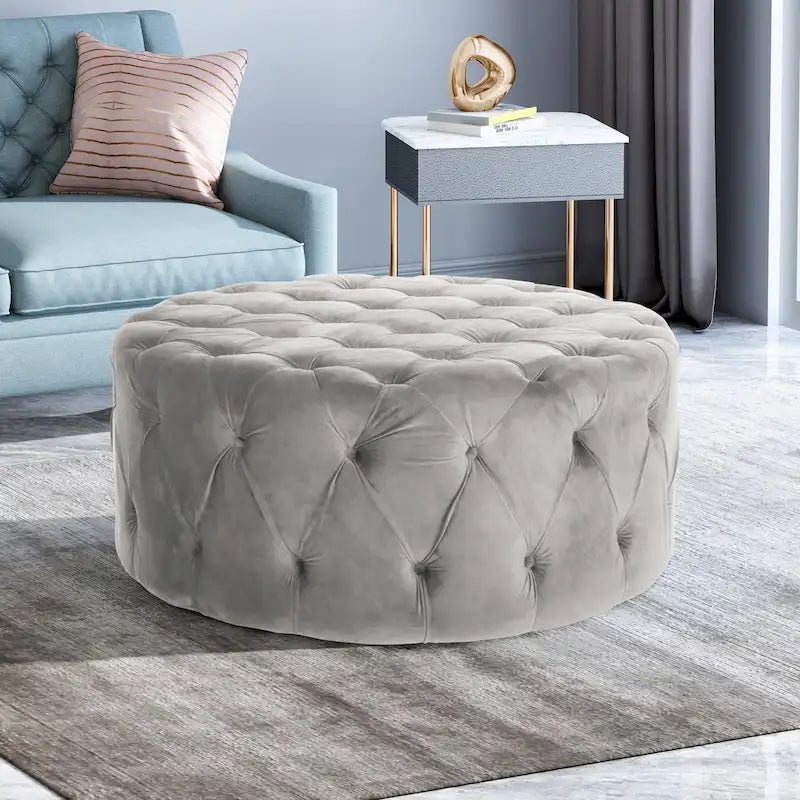 Modern Glam Round Tufted Velvet Ottoman