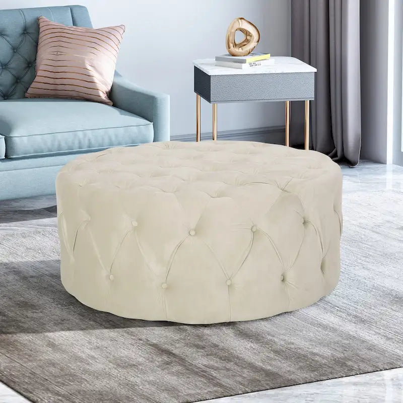 Modern Glam Round Tufted Velvet Ottoman
