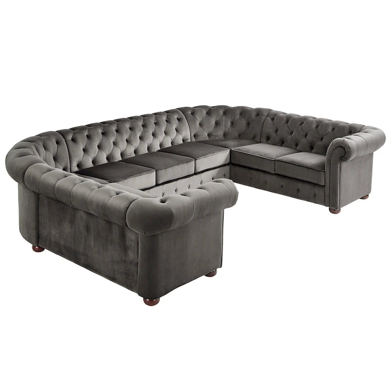 Gray Velvet U-Shaped Tufted Sectional Sofa - Seats 9
