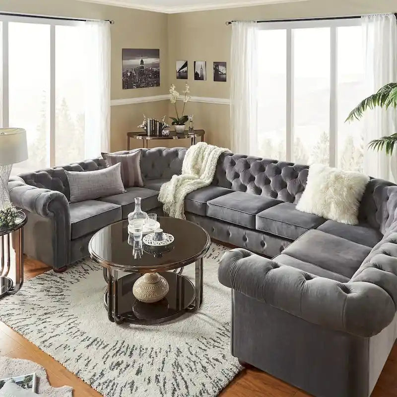 Gray Velvet U-Shaped Tufted Sectional Sofa - Seats 9