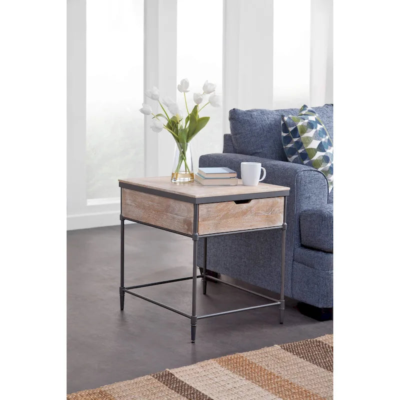 Pickled Mango Wood Square End Table with Drawer - Gunmetal Legs