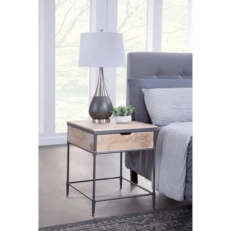 Pickled Mango Wood Square End Table with Drawer - Gunmetal Legs