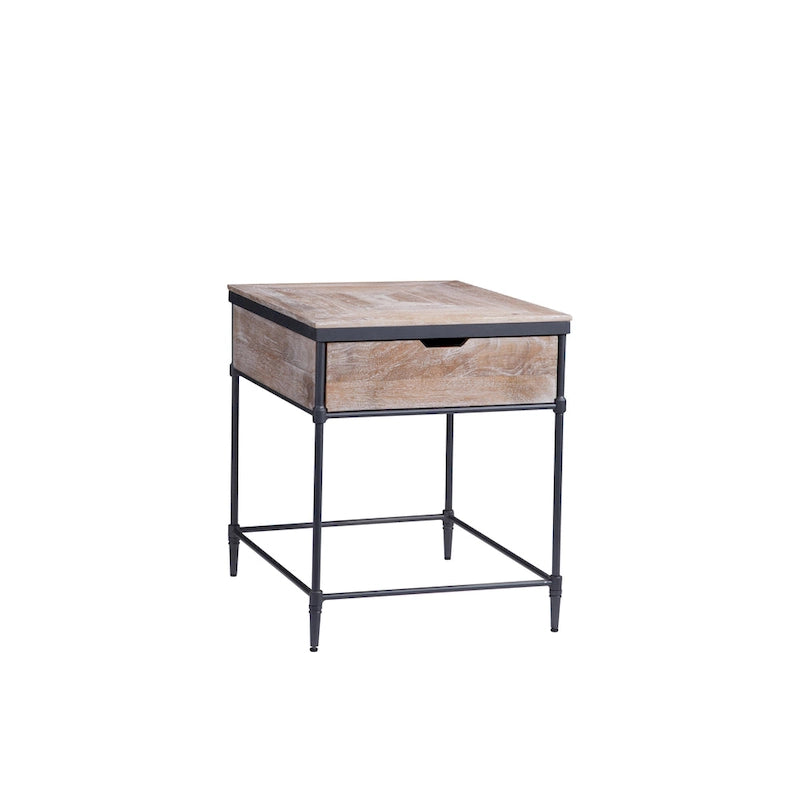 Pickled Mango Wood Square End Table with Drawer - Gunmetal Legs