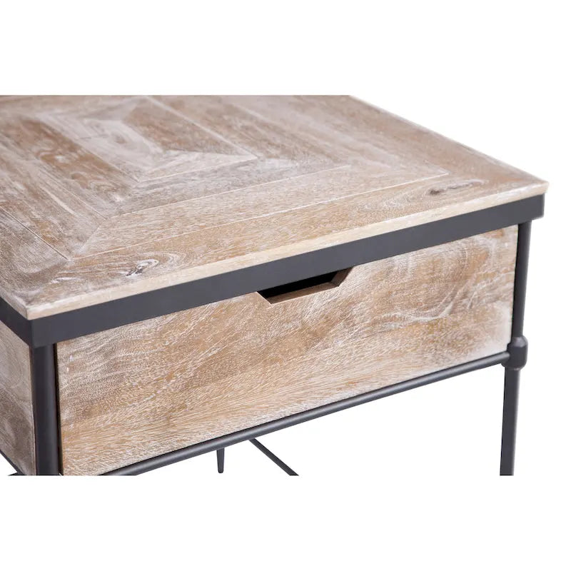 Pickled Mango Wood Square End Table with Drawer - Gunmetal Legs