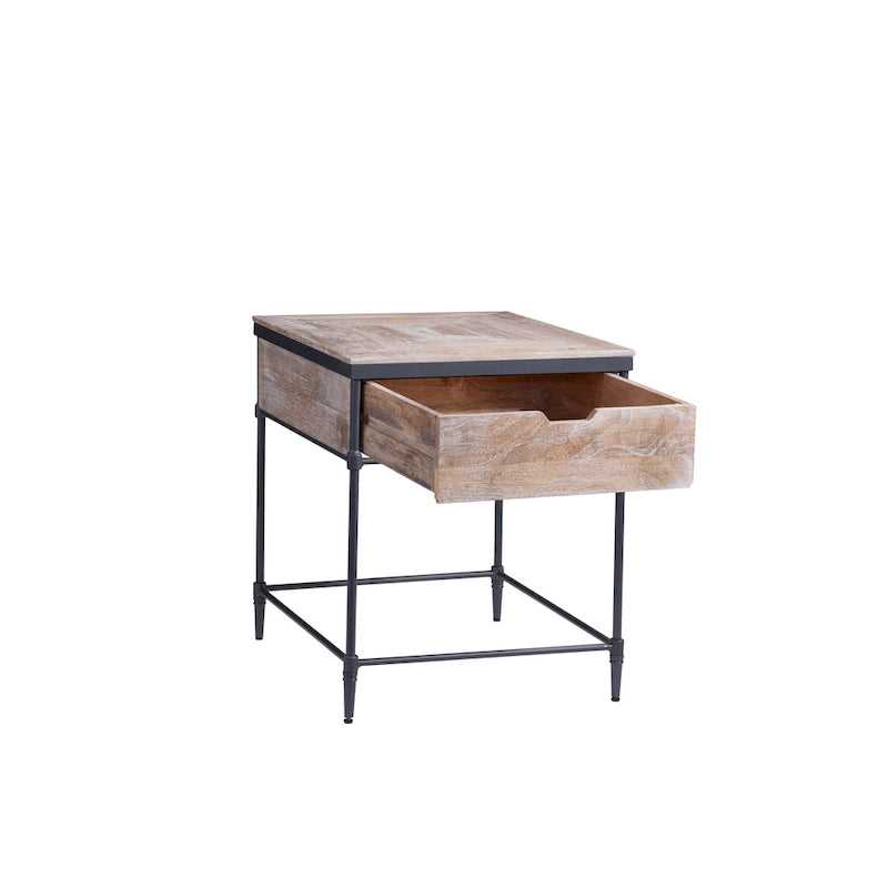 Pickled Mango Wood Square End Table with Drawer - Gunmetal Legs