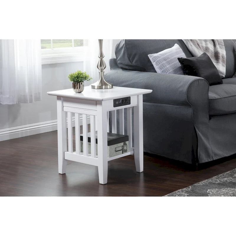White Mission Style End Table with USB Charging Ports