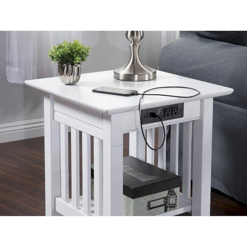 White Mission Style End Table with USB Charging Ports