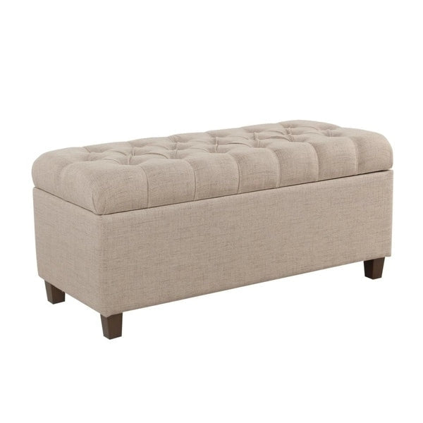 Tan Fabric Button Tufted Storage Bench - Dark Walnut Legs