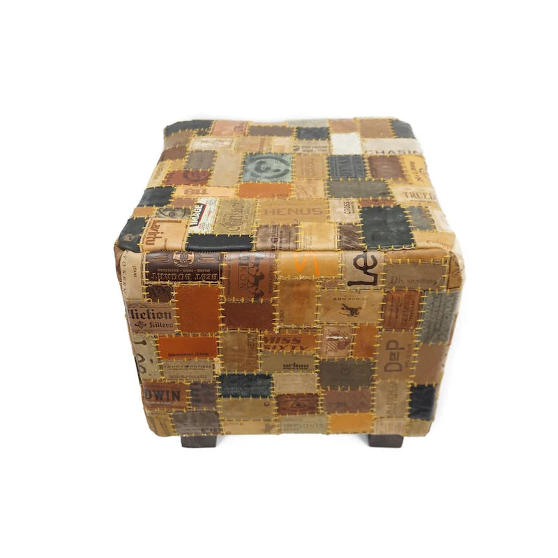 Brown Leather Cube Pouf Ottoman - Handcrafted Footstool