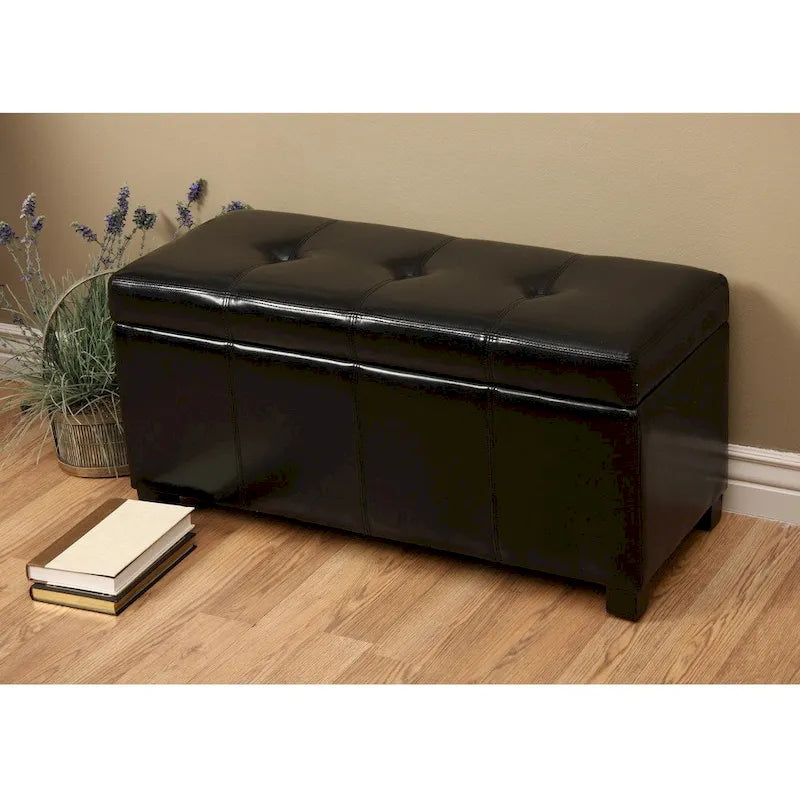 Modern Faux-Leather Storage Bench with Removable Lid, Black Upholstered Seat