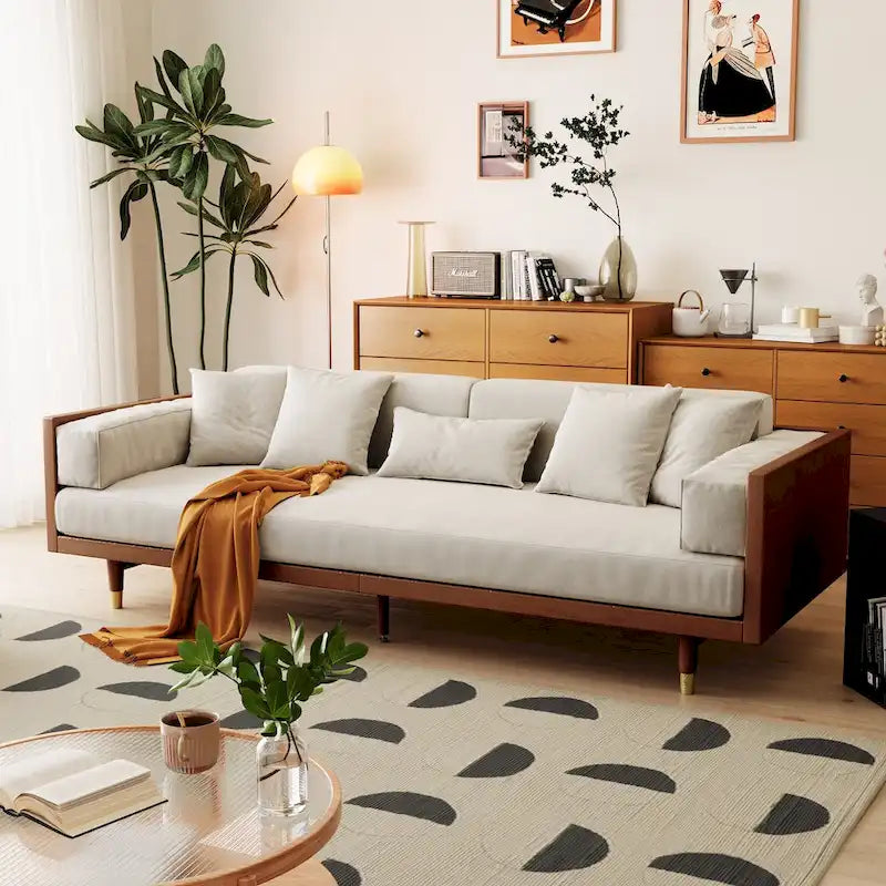 Modern 3-Seat Cotton Linen Upholstered Sofa, Beige