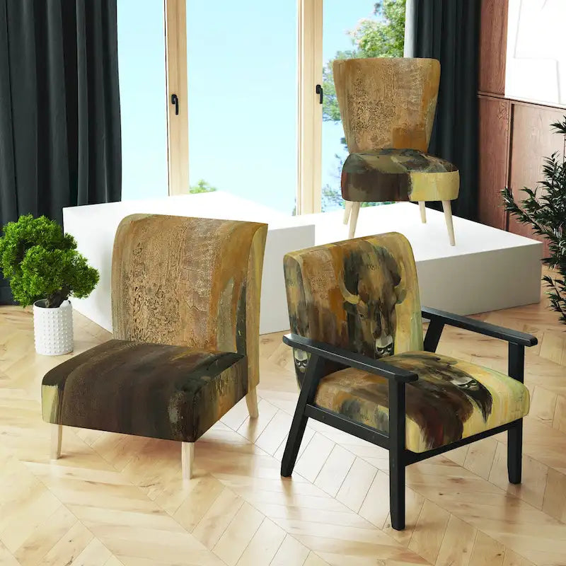 Gold Buffalo Print Farmhouse Accent Chair with Arms - Single Seat