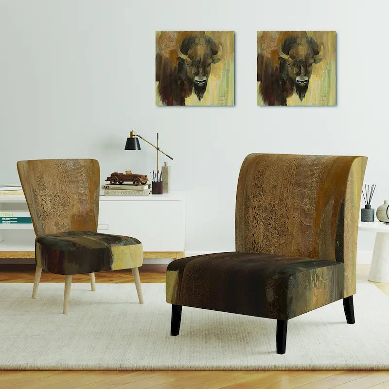 Gold Buffalo Print Farmhouse Accent Chair with Arms - Single Seat