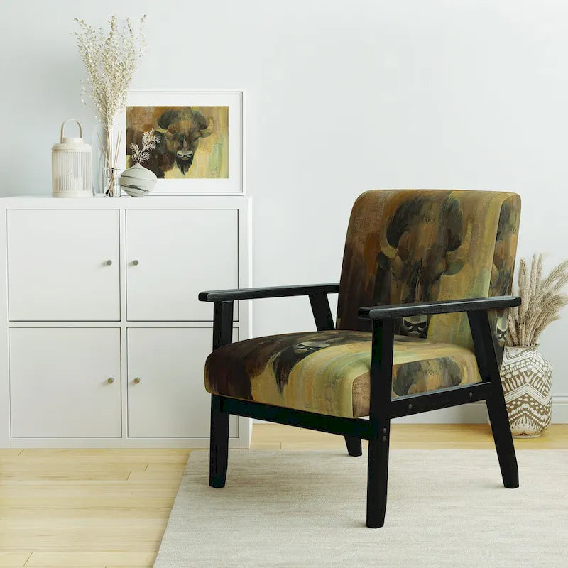 Gold Buffalo Print Farmhouse Accent Chair with Arms - Single Seat