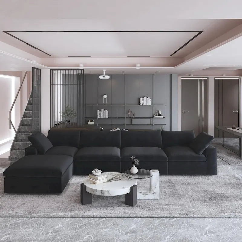 160.6  Modern Linen Sectional Sofa4-seater Modular Couch with Storage Ottoman for Living Room.