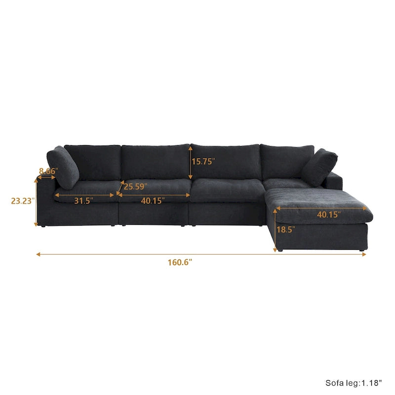 160.6  Modern Linen Sectional Sofa4-seater Modular Couch with Storage Ottoman for Living Room.