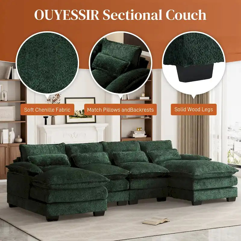 Large U-Shaped Sectional Sofa in Chenille Fabric with Cushions