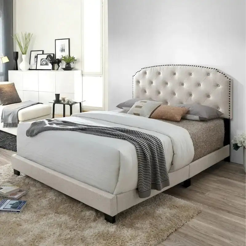 Beige Upholstered Queen Bed with Button Tufting