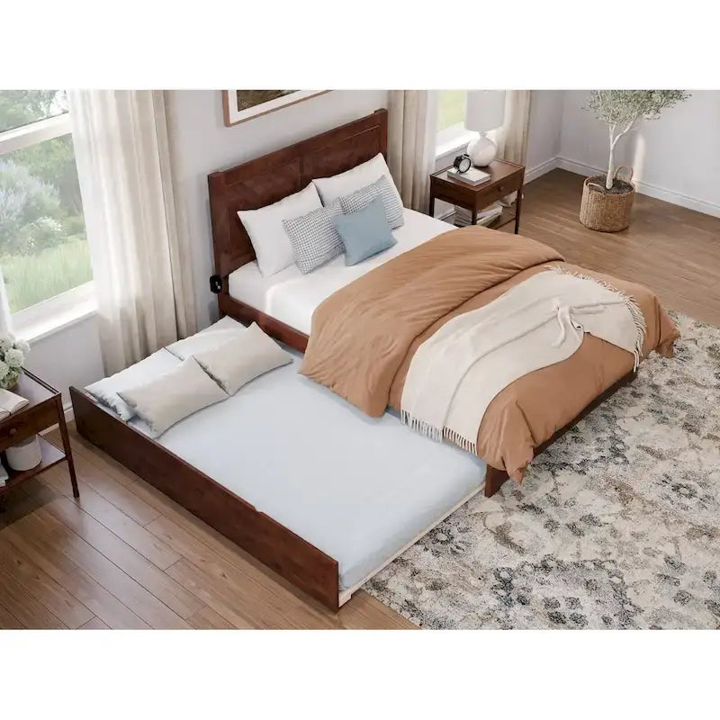 Full Platform Bed with Trundle - Walnut/White - Sleeps 2