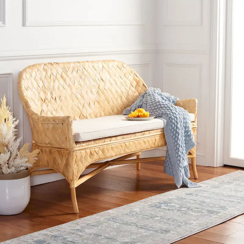 Natural Rattan Woven Sofa Bench with Cushion