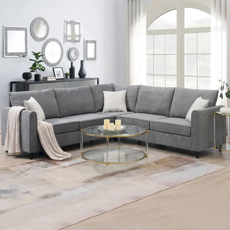 Gray L-Shaped Sectional Sofa, 91"x91" with 3 Pillows