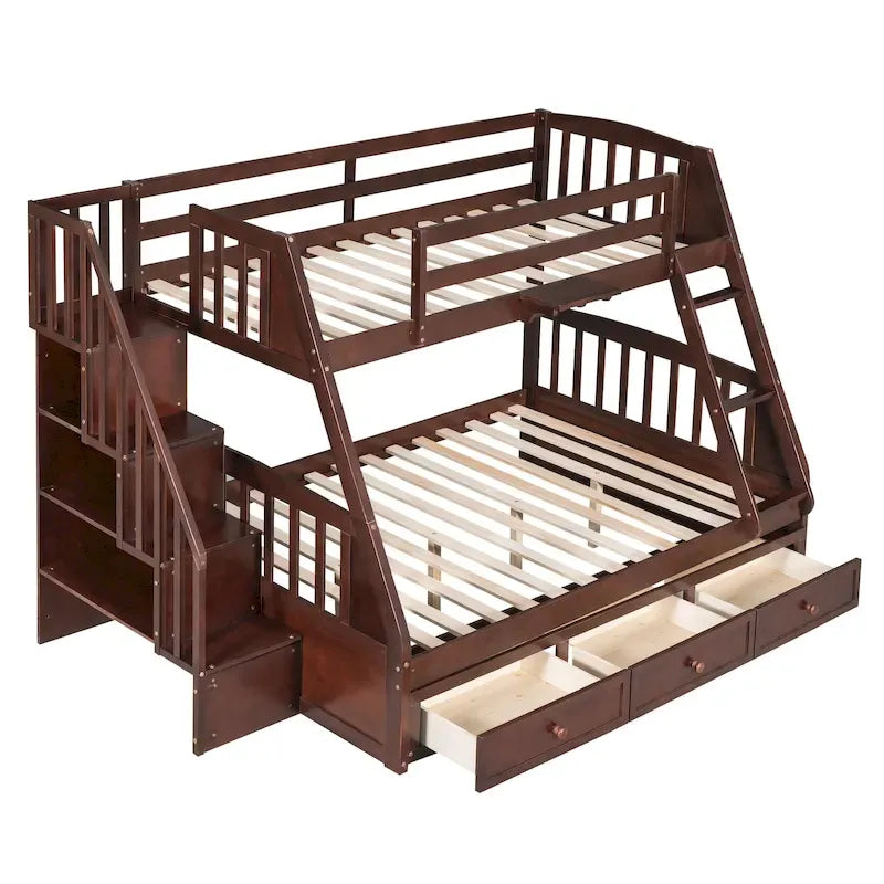 Twin-Over-Full Bunk Bed with Drawers_Ladder and Storage Staircase, Espresso
