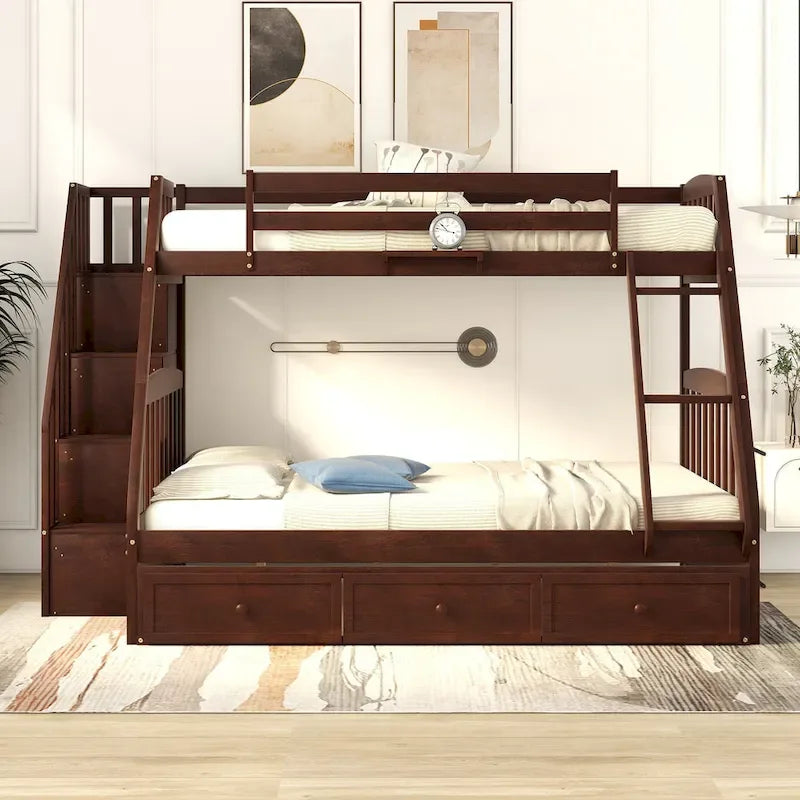 Twin-Over-Full Bunk Bed with Drawers_Ladder and Storage Staircase, Espresso