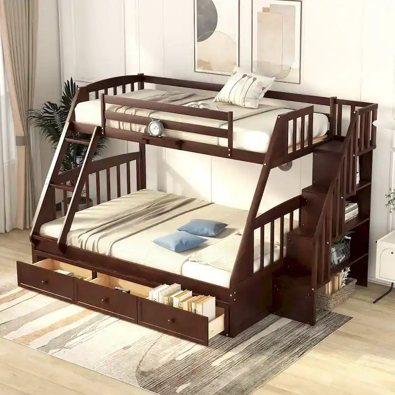 Twin-Over-Full Bunk Bed with Drawers_Ladder and Storage Staircase, Espresso