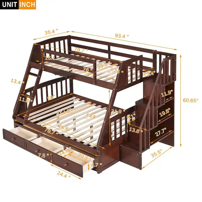 Twin-Over-Full Bunk Bed with Drawers_Ladder and Storage Staircase, Espresso