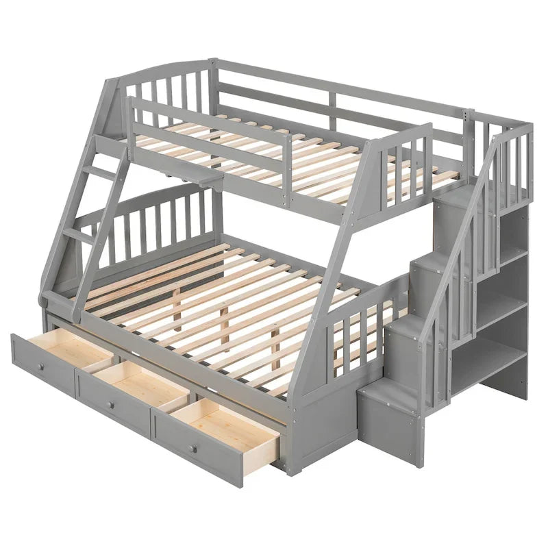 Twin-Over-Full Bunk Bed with Drawers_Ladder and Storage Staircase, Espresso