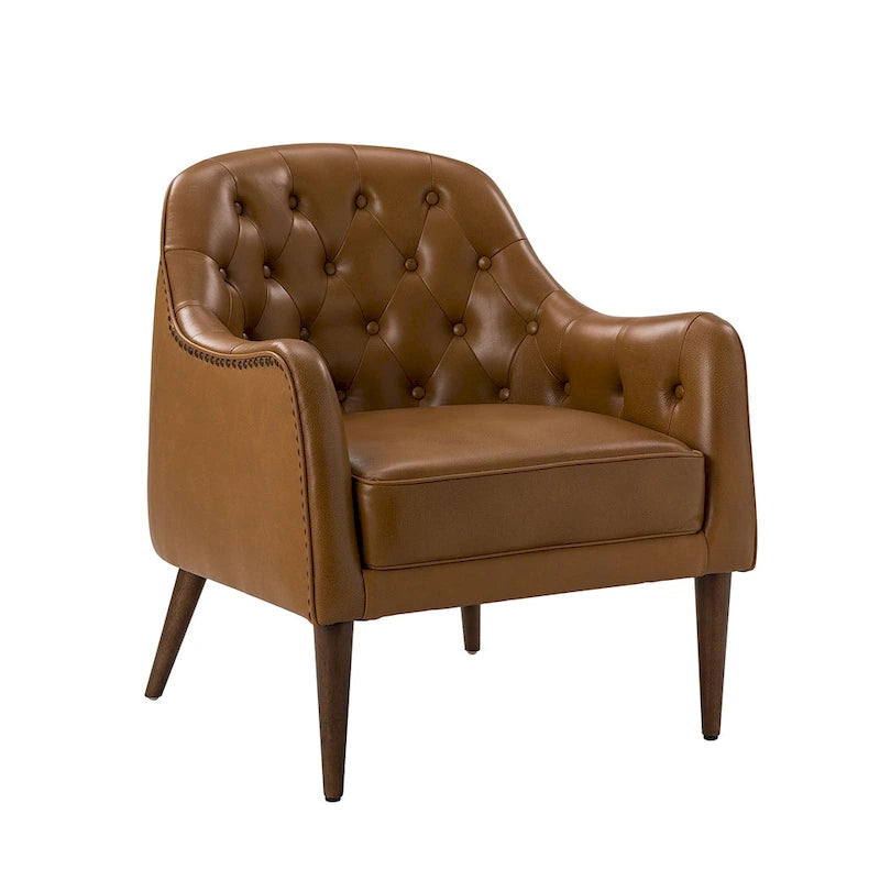 Classic Genuine Leather Barrel Chair with Tufted Back and Wood Legs