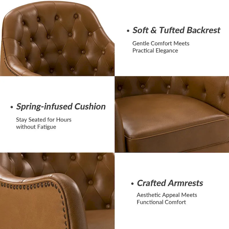Classic Genuine Leather Barrel Chair with Tufted Back and Wood Legs