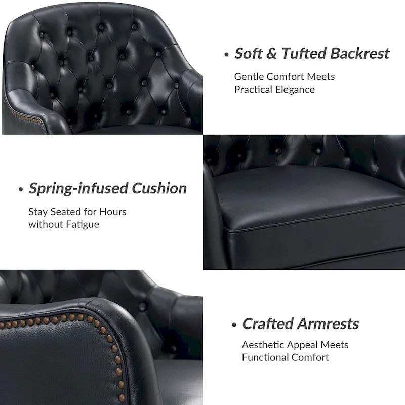 Classic Genuine Leather Barrel Chair with Tufted Back and Wood Legs