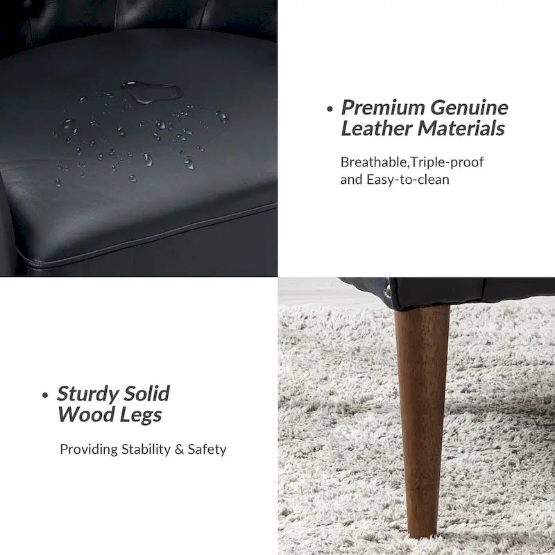 Classic Genuine Leather Barrel Chair with Tufted Back and Wood Legs