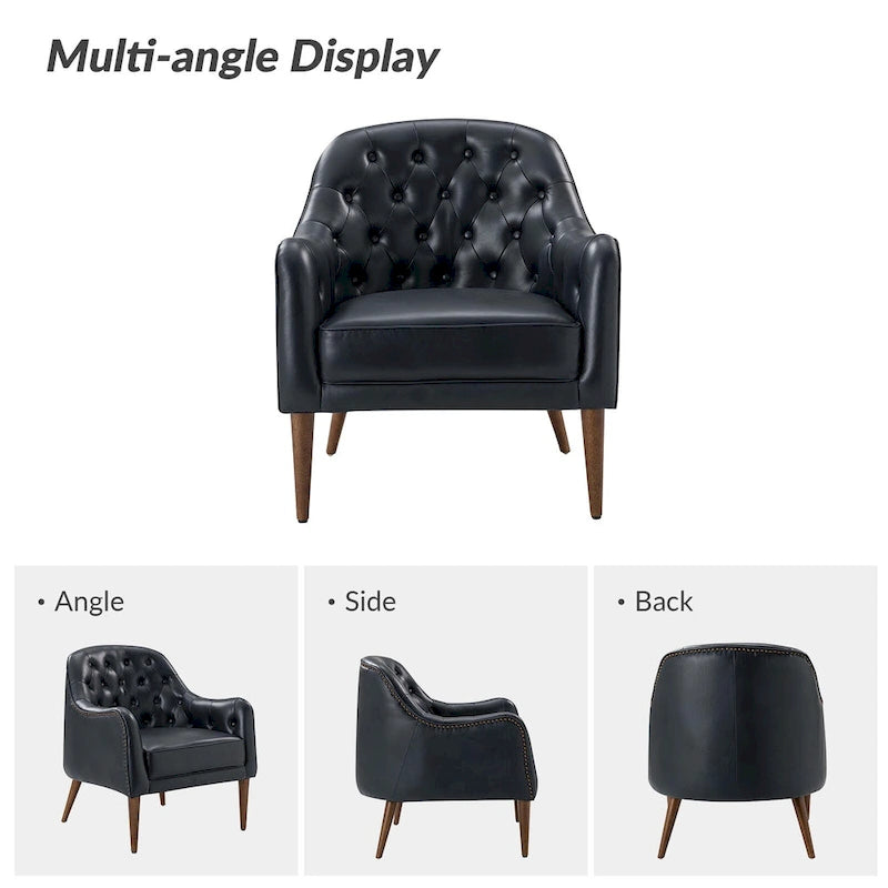 Classic Genuine Leather Barrel Chair with Tufted Back and Wood Legs